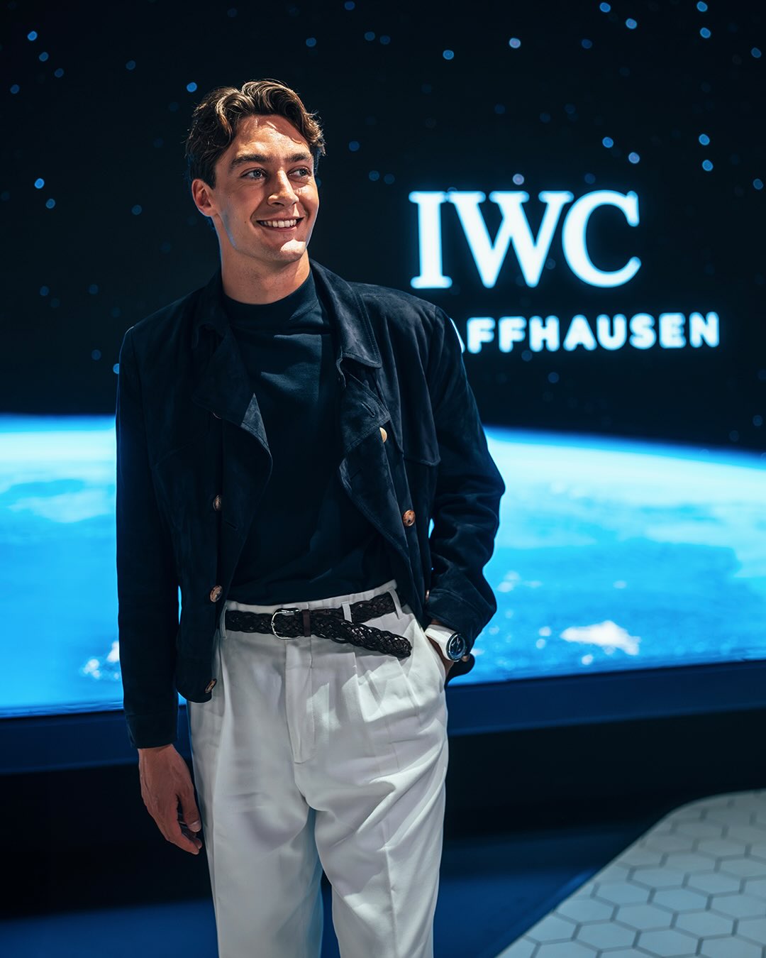 George Russell at the IWC Watches & Wonders 2026 space-station-themed booth